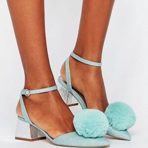 ASOS PomPom Heels Shoes 6 Blue Glitter